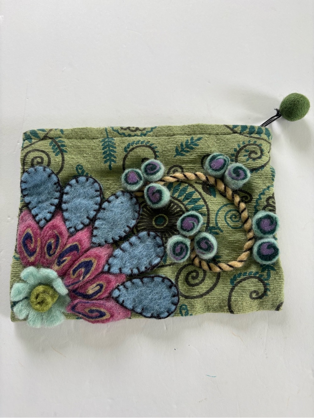 Rising Tide Green Felt Floral Zip Pouch with Blue and Pink Accents
